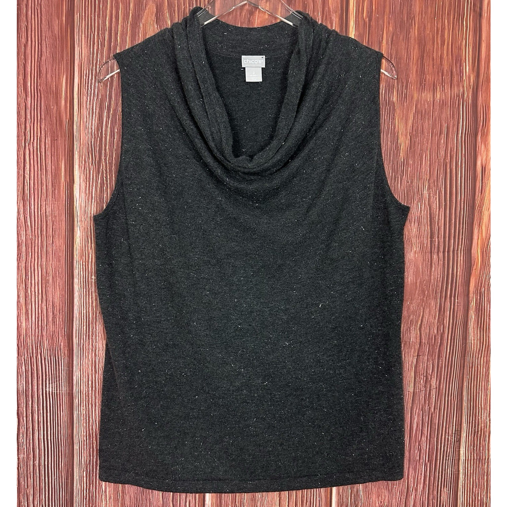 Chicos Size 2 / Large Sleeveless Cowl Neck Top Cashmere Blend Gray Shimmery